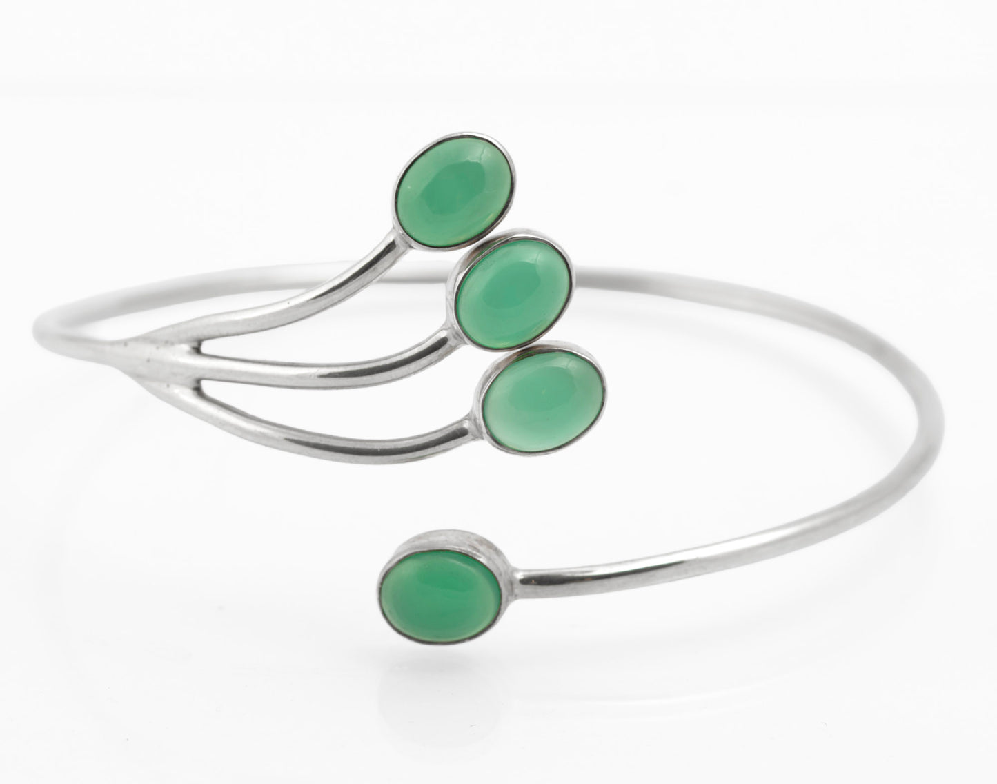 Vintage 925 Sterling Silver & Green Chrysoprase Cabochon Bangle Bracelet (C2739)