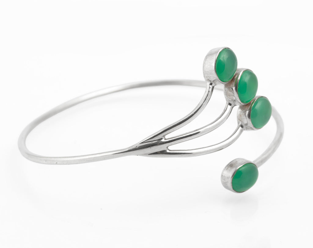 Vintage 925 Sterling Silver & Green Chrysoprase Cabochon Bangle Bracelet (C2739)