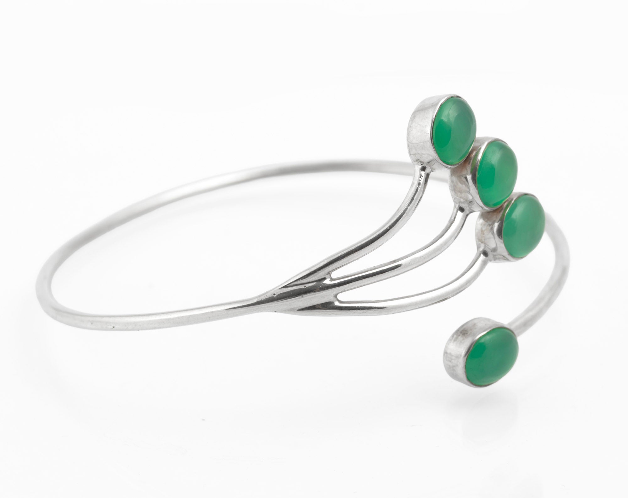 Vintage 925 Sterling Silver & Green Chrysoprase Cabochon Bangle Bracelet (C2739)