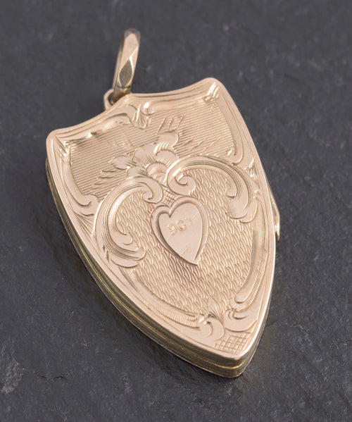 Antique Edwardian 9ct Gold Shield Shaped Locket Pendant Engraved Design (C2743)