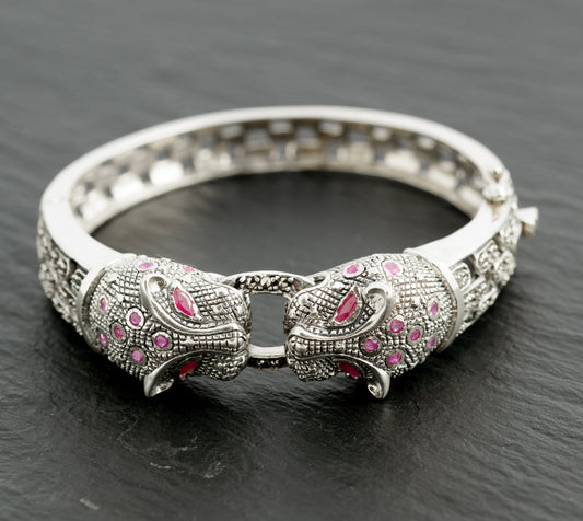 Vintage Sterling Silver Natural Ruby & Marcasite Panther Head Bangle 15cm (C2745)