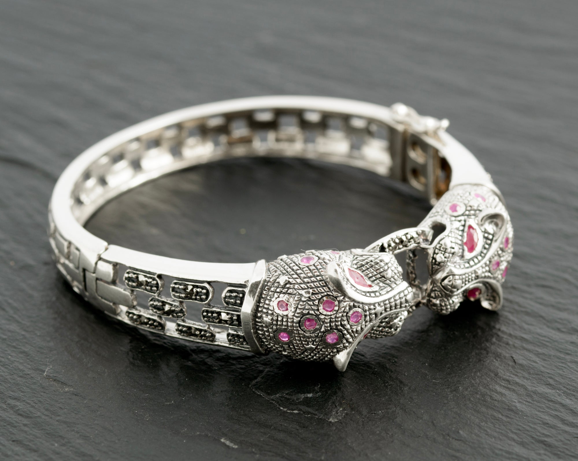 Vintage Sterling Silver Natural Ruby & Marcasite Panther Head Bangle 15cm (C2745)