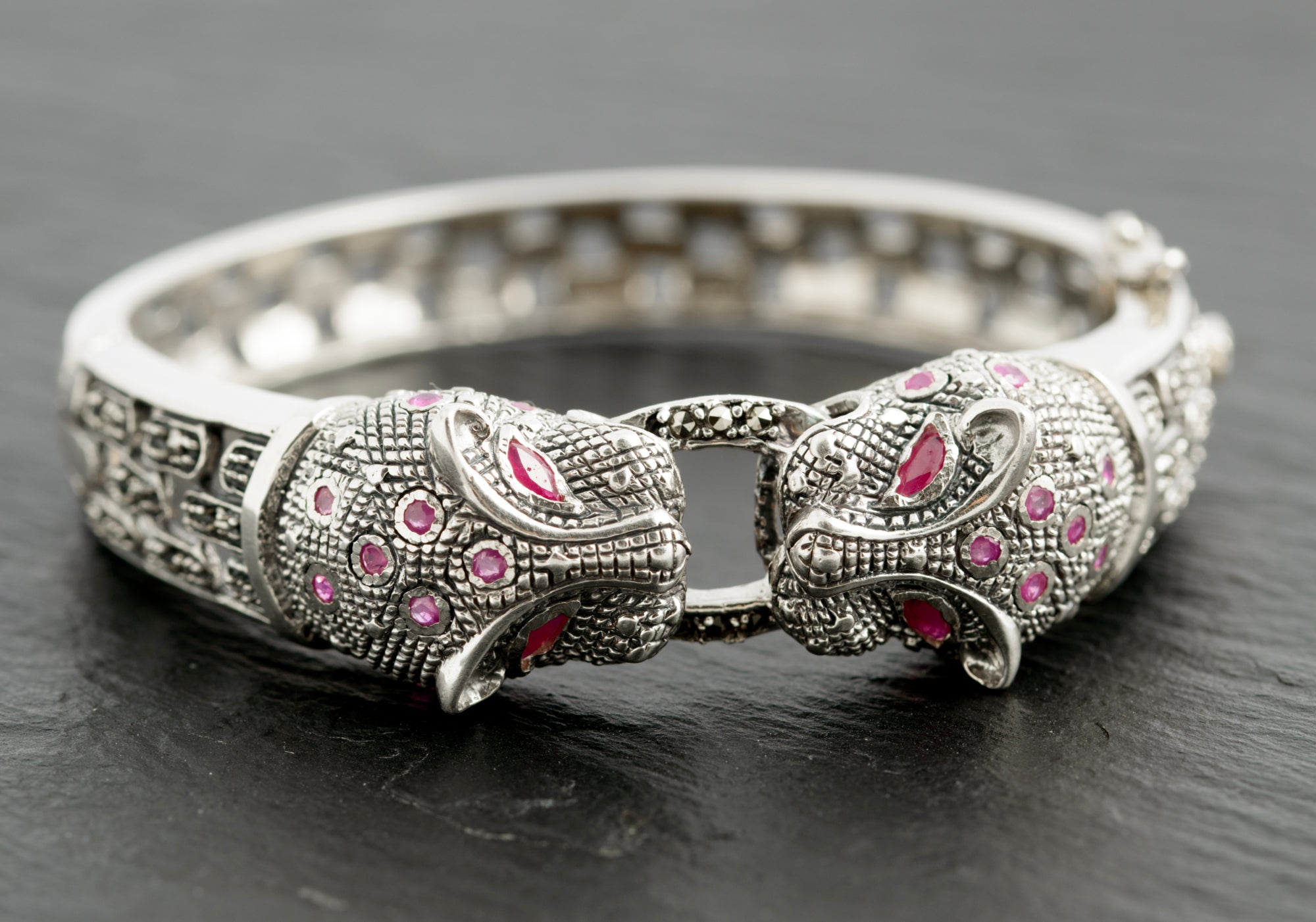 Vintage Sterling Silver Natural Ruby & Marcasite Panther Head Bangle 15cm (C2745)