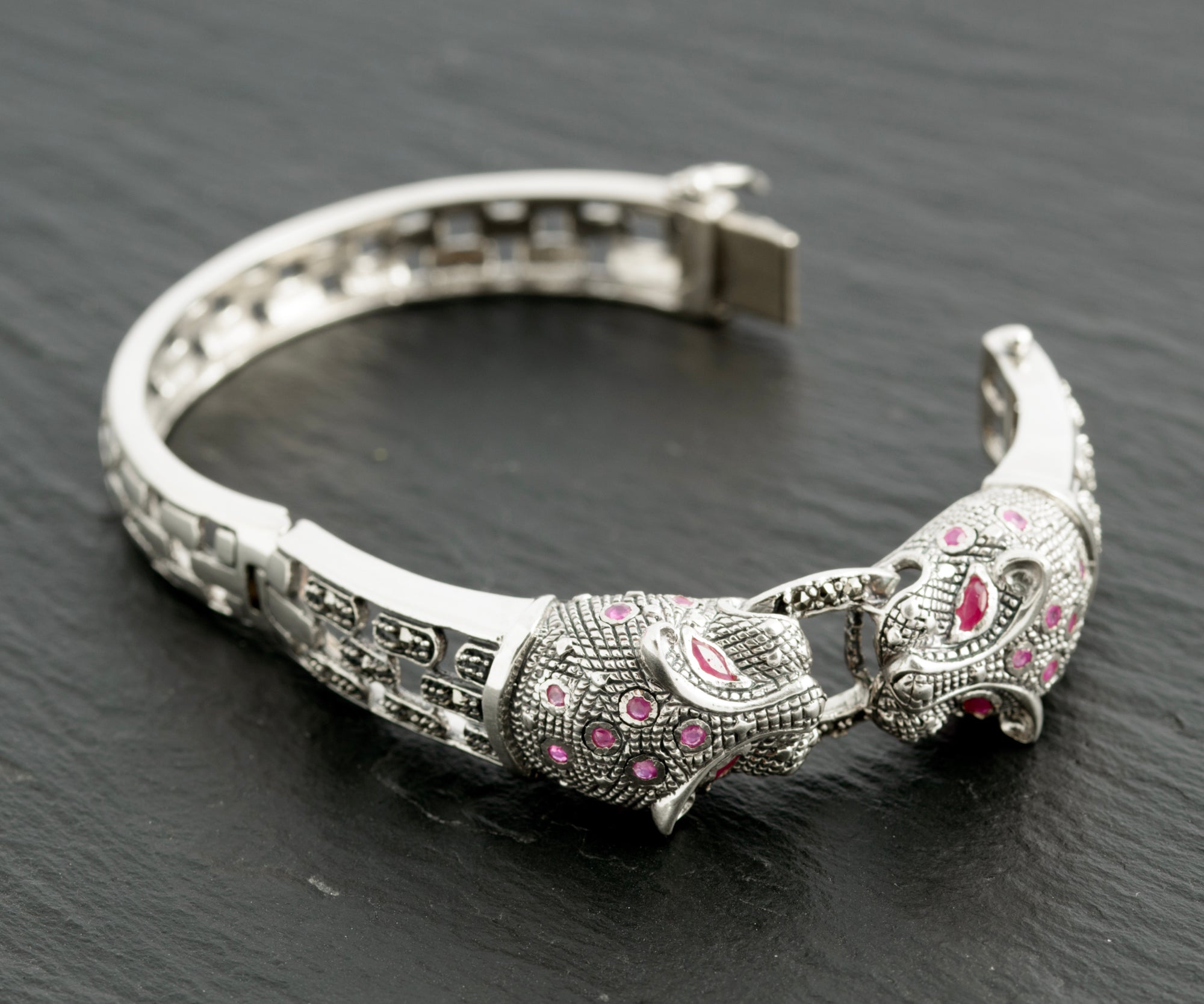 Vintage Sterling Silver Natural Ruby & Marcasite Panther Head Bangle 15cm (C2745)
