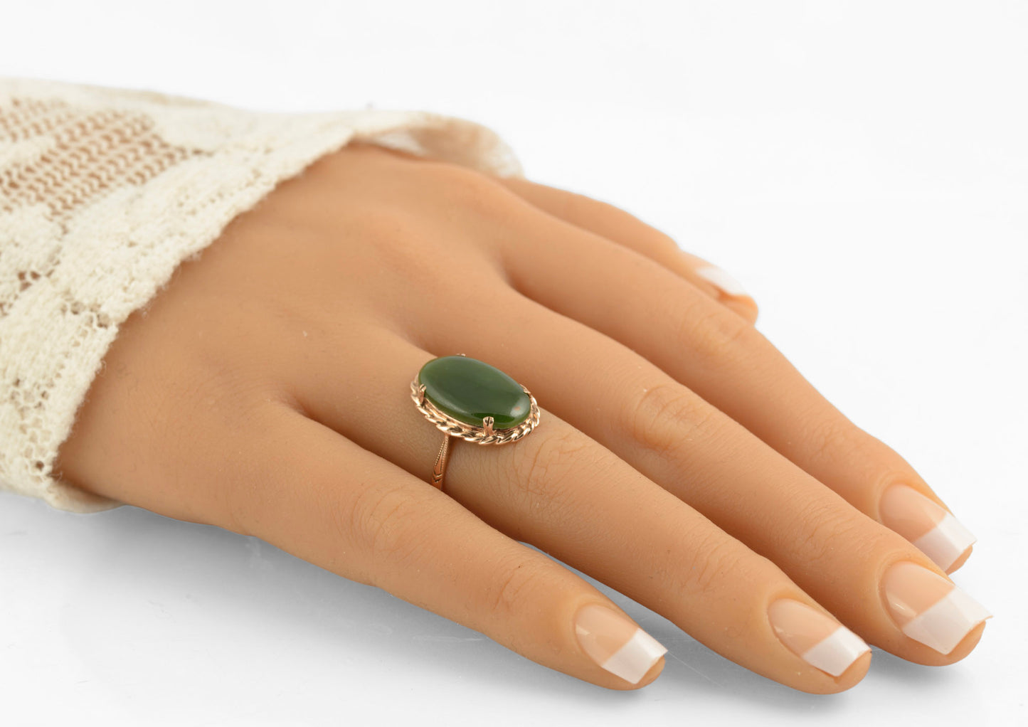 Vintage 9ct Rose Gold & Large 4 Carat Jade Cabochon Dress Ring Size L (C2771)