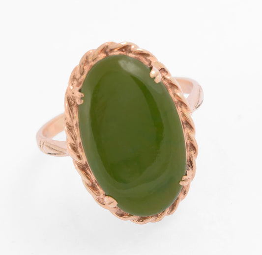 Vintage 9ct Rose Gold & Large 4 Carat Jade Cabochon Dress Ring Size L (C2771)