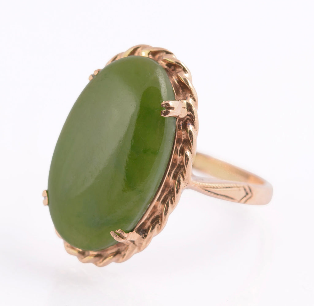 Vintage 9ct Rose Gold & Large 4 Carat Jade Cabochon Dress Ring UK Size L (C2771)