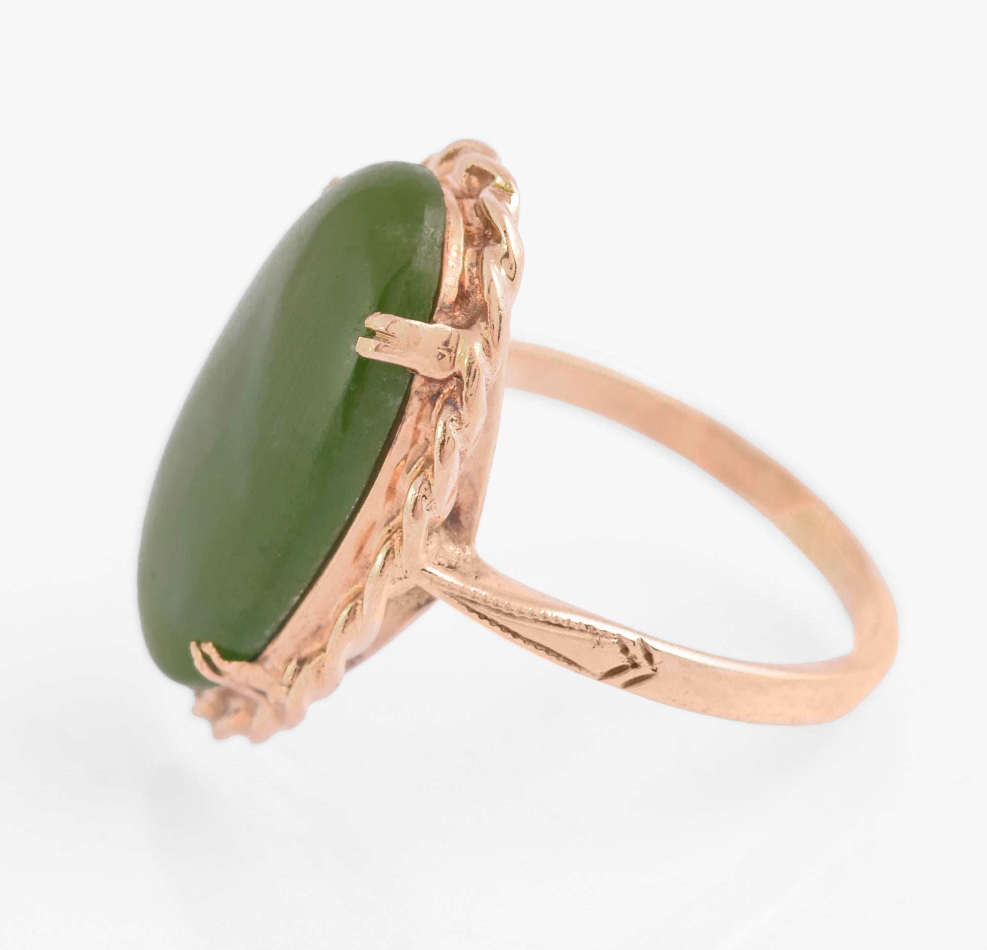 Vintage 9ct Rose Gold & Large 4 Carat Jade Cabochon Dress Ring UK Size L (C2771)