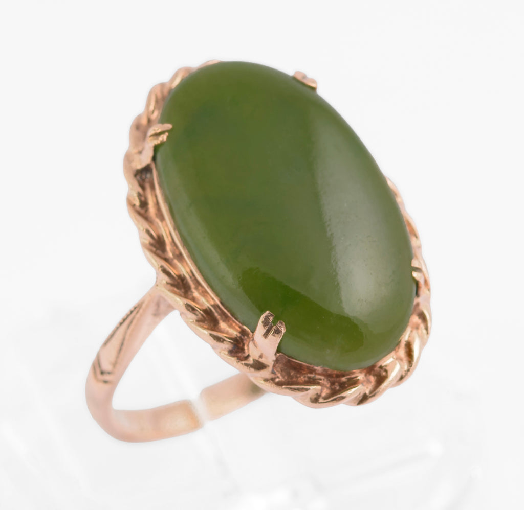 Vintage 9ct Rose Gold & Large 4 Carat Jade Cabochon Dress Ring UK Size L (C2771)