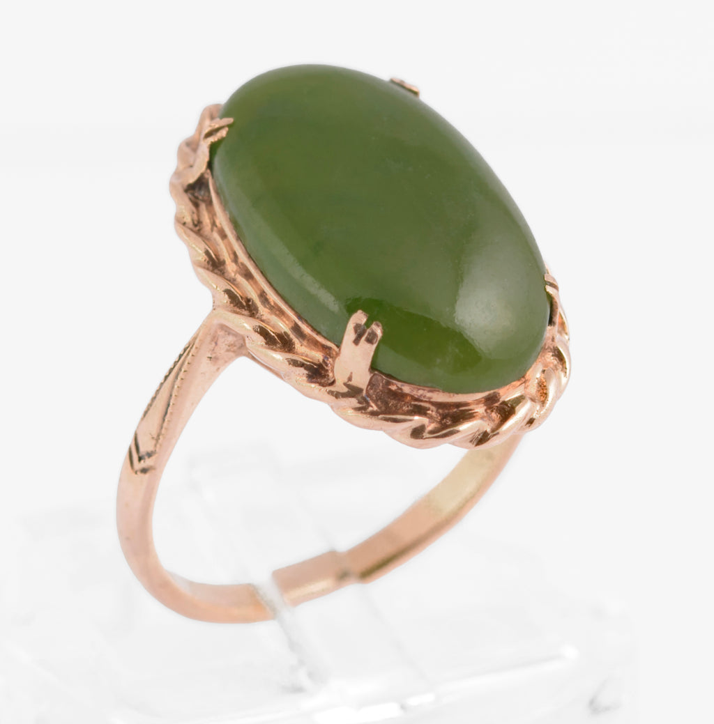 Vintage 9ct Rose Gold & Large 4 Carat Jade Cabochon Dress Ring UK Size L (C2771)