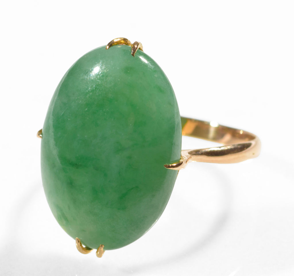 Vintage 14ct 585 Rose Gold Ring With Large 13.6 Carat Green Jade Cabochon (C2772)