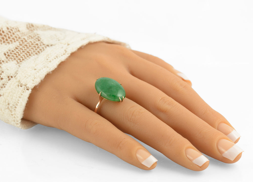 Vintage 14ct 585 Rose Gold Ring With Large 13.6 Carat Green Jade Cabochon (C2772)