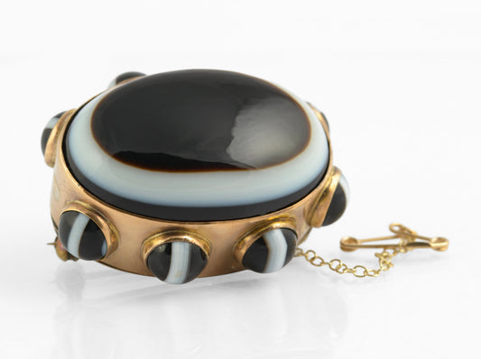 Antique Victorian Large Banded & Bullseye Agate Brooch Gilt Metal c.1870 (C2773)