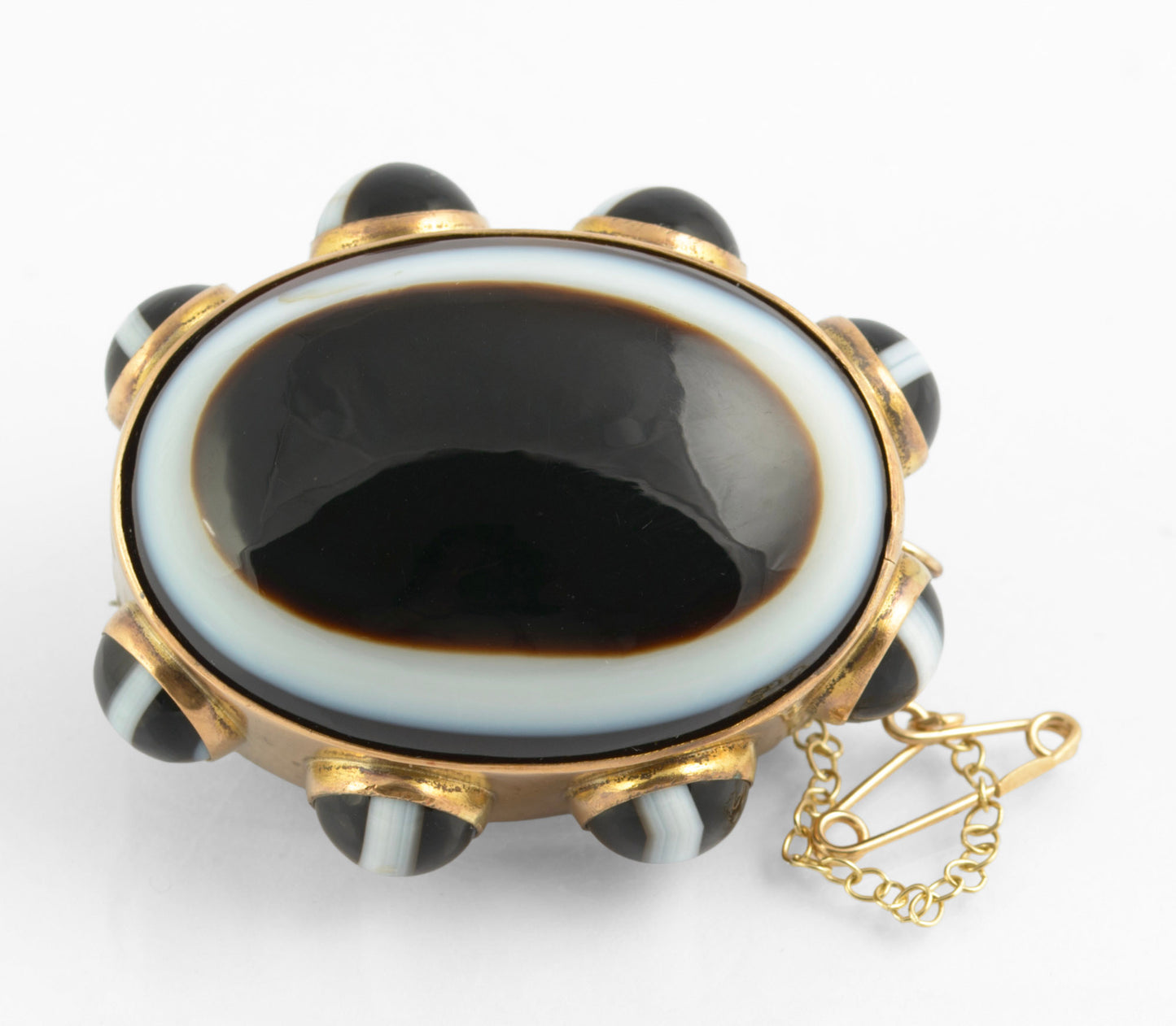 Antique Victorian Large Banded & Bullseye Agate Brooch Gilt Metal c.1870 (C2773)