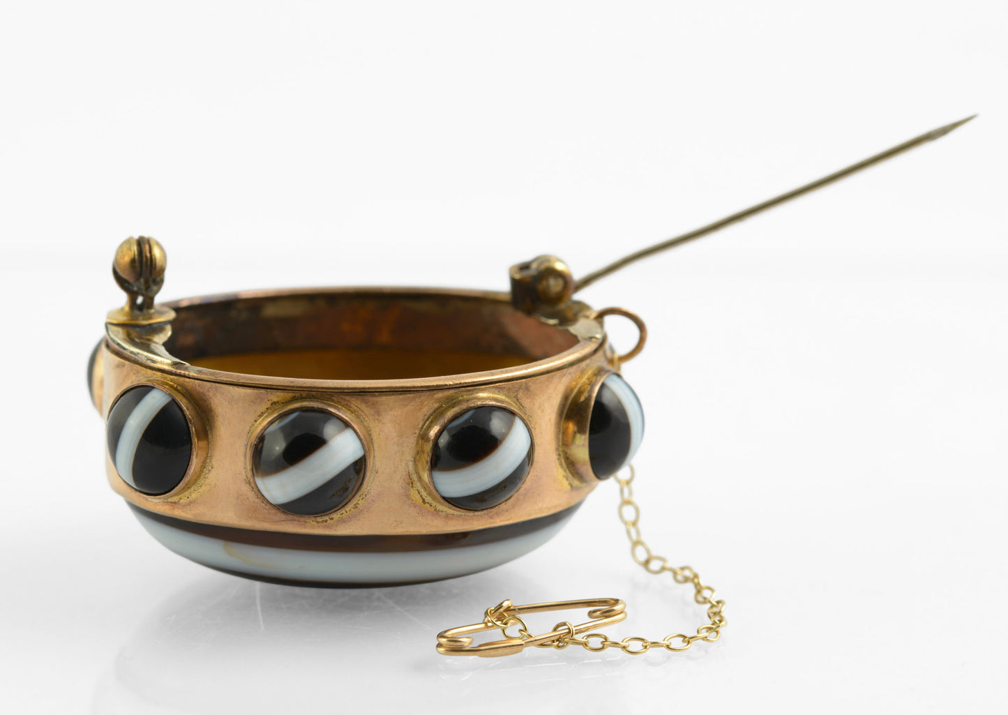 Antique Victorian Large Banded & Bullseye Agate Brooch Gilt Metal c.1870 (C2773)