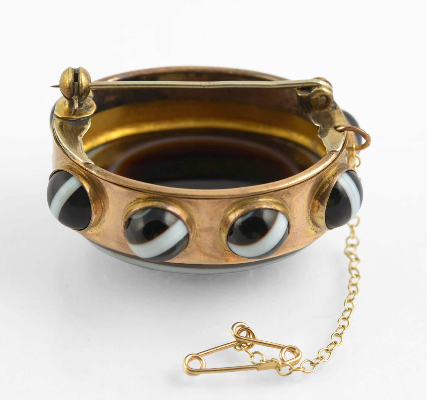 Antique Victorian Large Banded & Bullseye Agate Brooch Gilt Metal c.1870 (C2773)