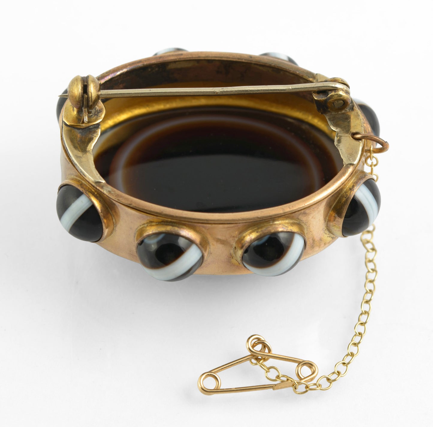 Antique Victorian Large Banded & Bullseye Agate Brooch Gilt Metal c.1870 (C2773)