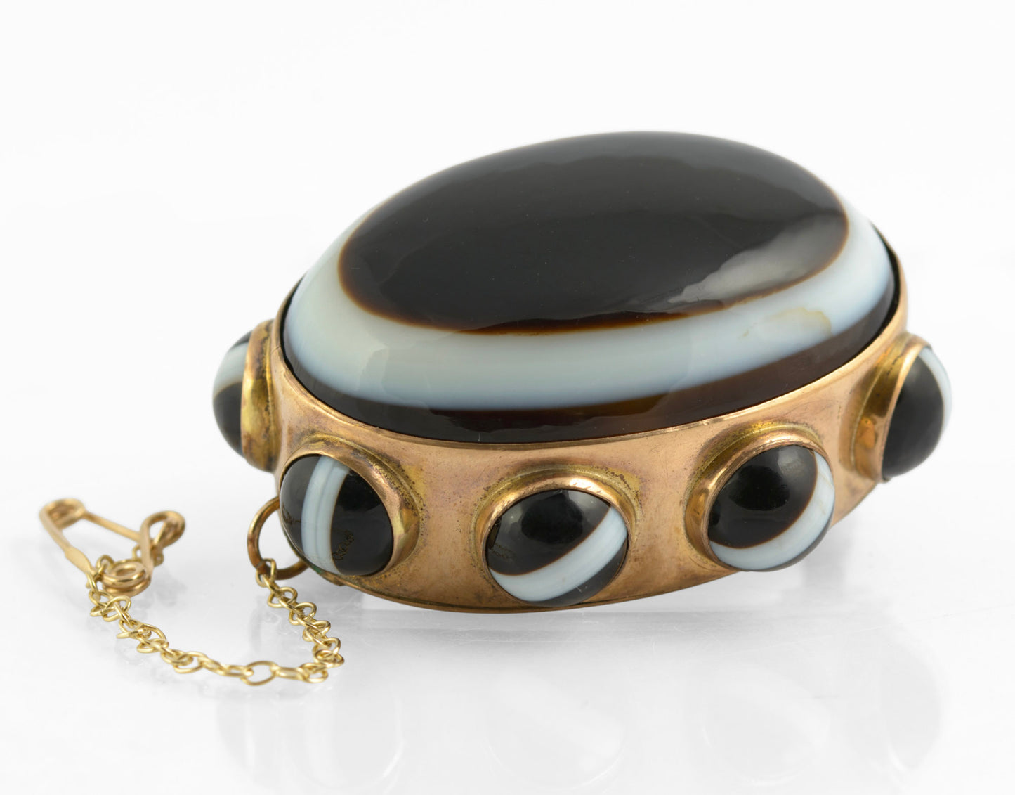 Antique Victorian Large Banded & Bullseye Agate Brooch Gilt Metal c.1870 (C2773)