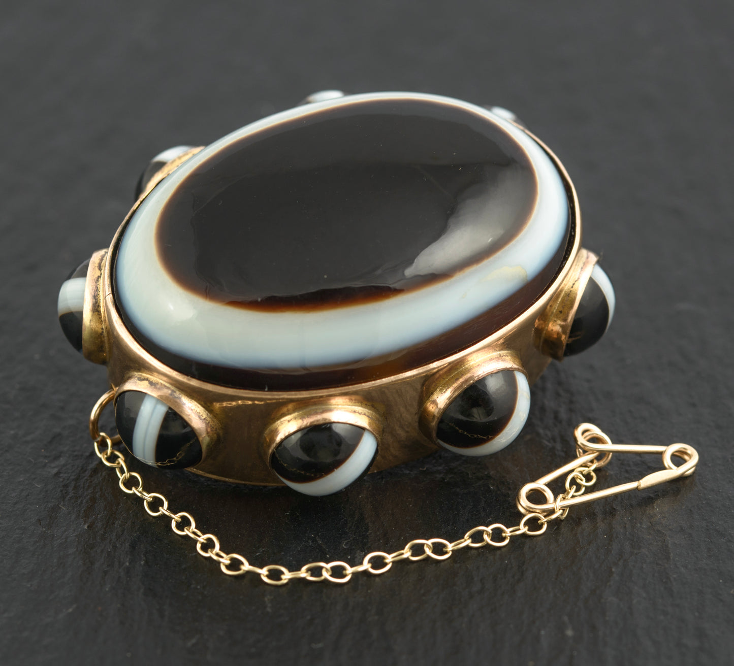 Antique Victorian Large Banded & Bullseye Agate Brooch Gilt Metal c.1870 (C2773)