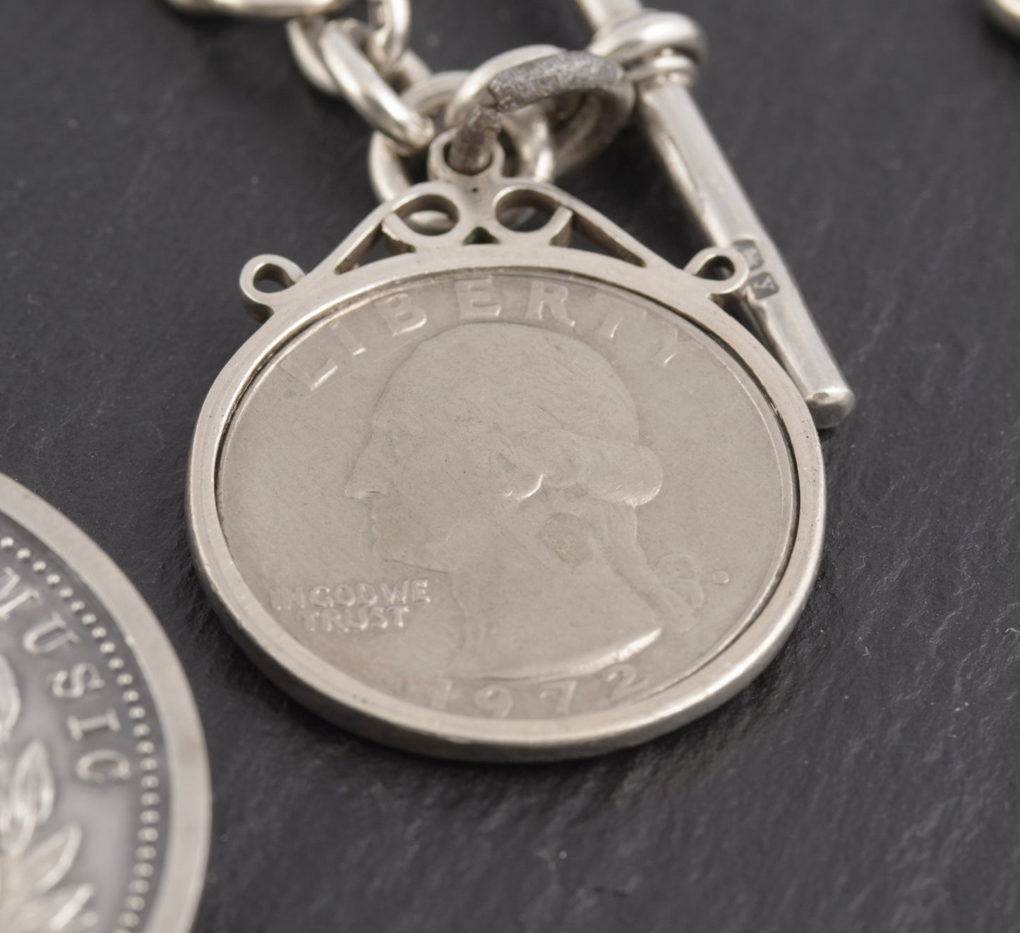 Antique Sterling Silver Albert Watch Chain 1/4 Dollar & Royal Academy Medal (C2774)
