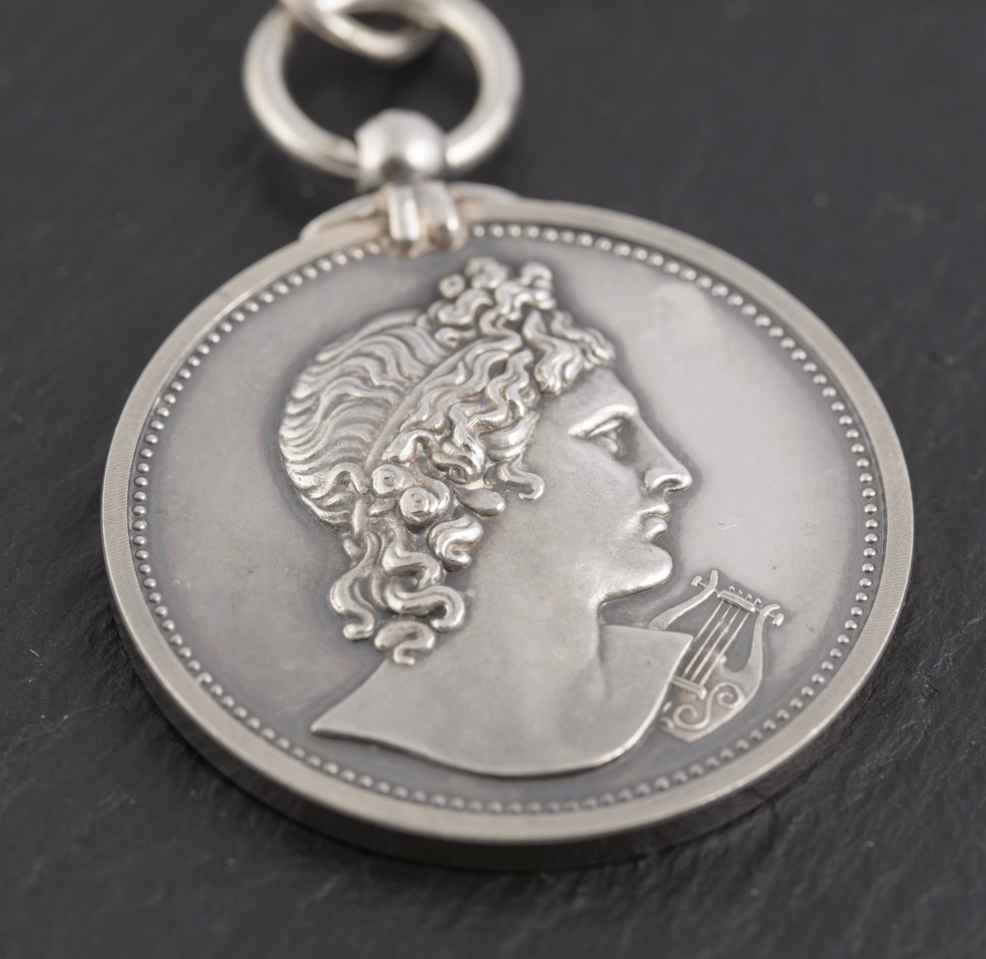 Antique Sterling Silver Albert Watch Chain 1/4 Dollar & Royal Academy Medal (C2774)