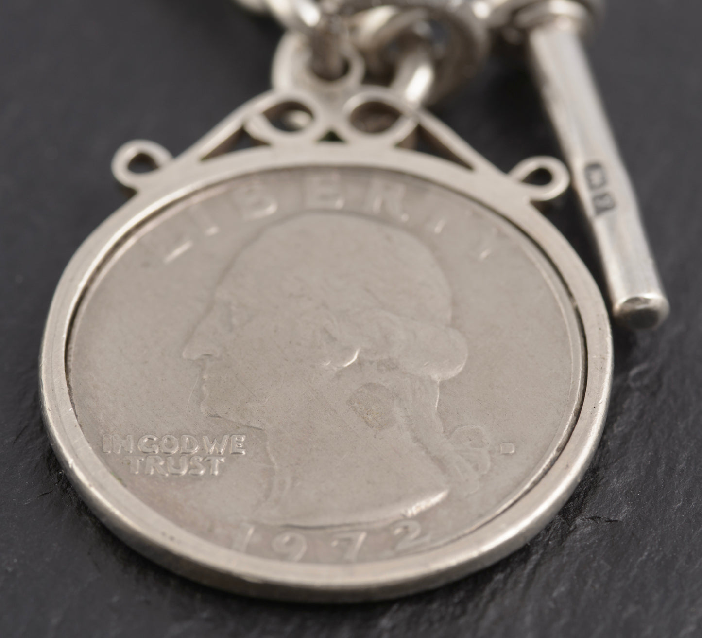 Antique Sterling Silver Albert Watch Chain 1/4 Dollar & Royal Academy Medal (C2774)