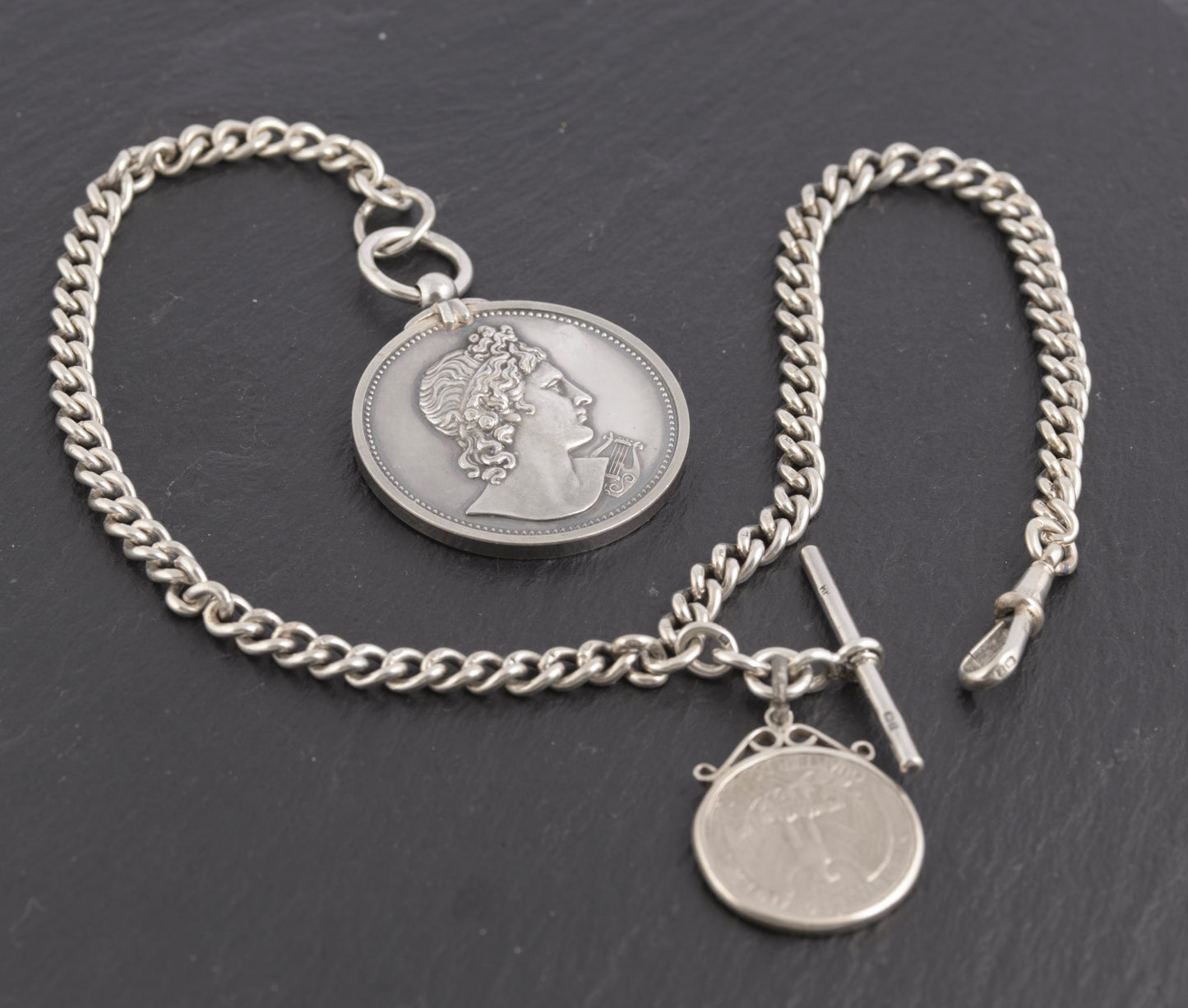 Antique Sterling Silver Albert Watch Chain 1/4 Dollar & Royal Academy Medal (C2774)