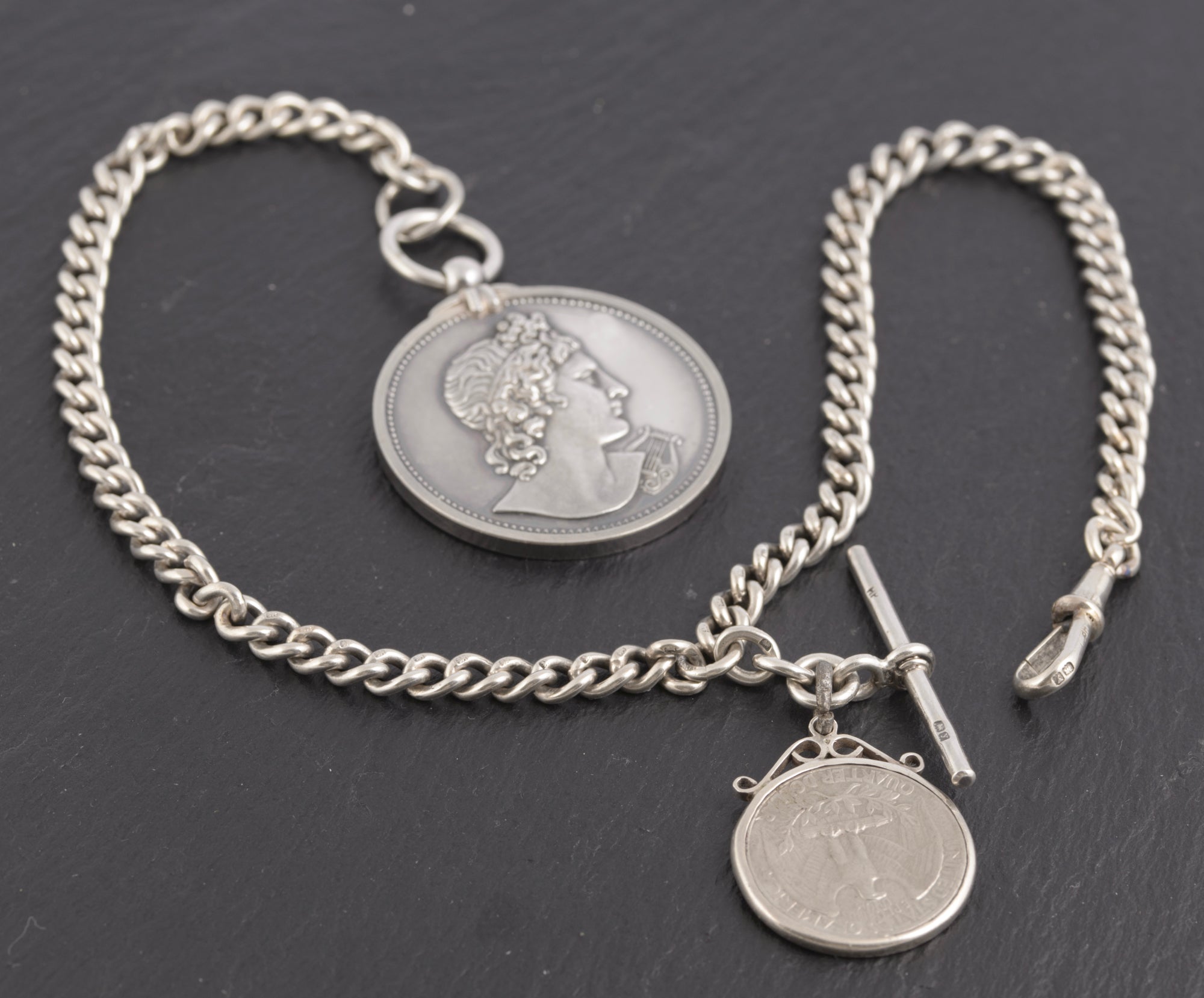 Antique Sterling Silver Albert Watch Chain 1/4 Dollar & Royal Academy Medal (C2774)