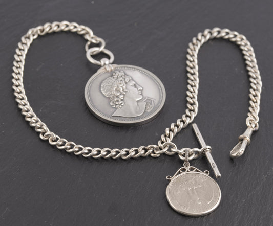Antique Sterling Silver Albert Watch Chain 1/4 Dollar & Royal Academy Medal (C2774)