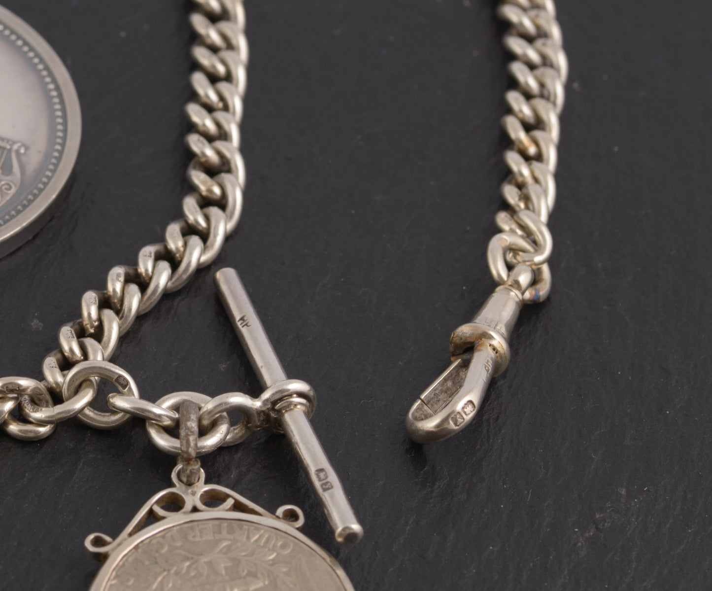 Antique Sterling Silver Albert Watch Chain 1/4 Dollar & Royal Academy Medal (C2774)