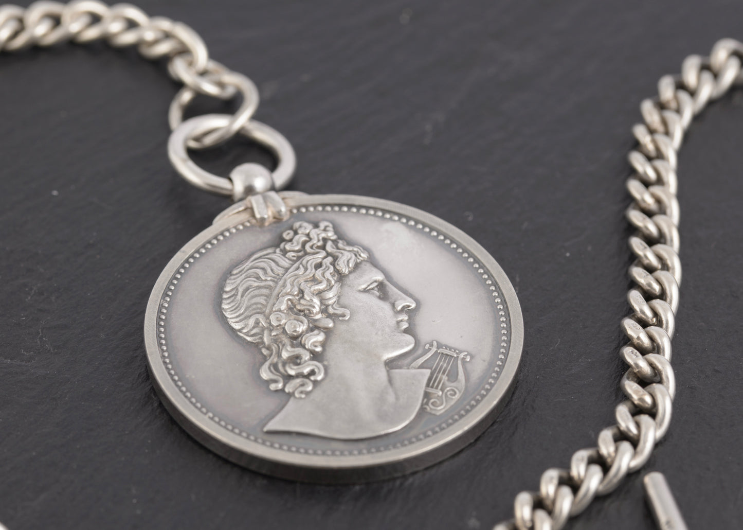 Antique Sterling Silver Albert Watch Chain 1/4 Dollar & Royal Academy Medal (C2774)