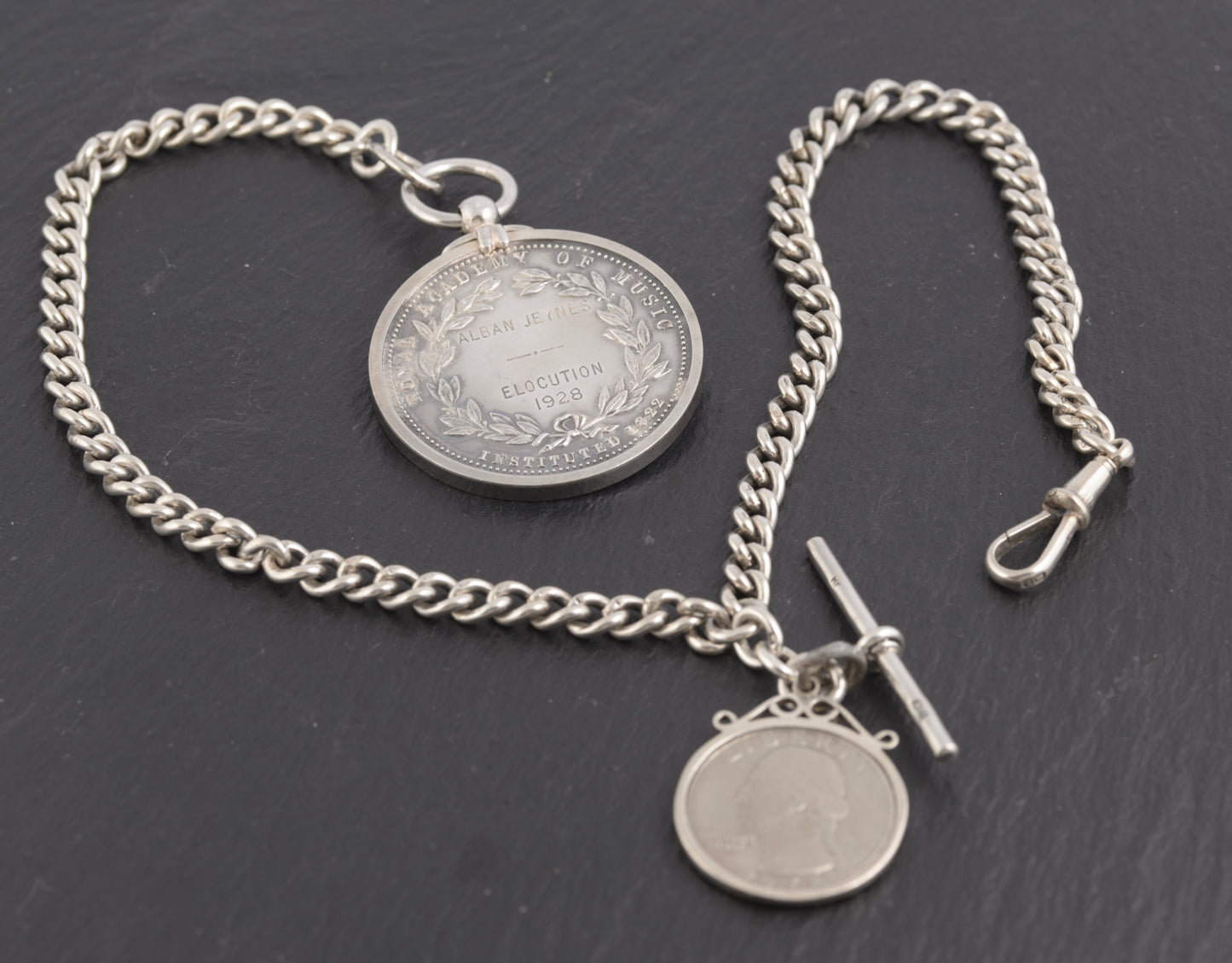 Antique Sterling Silver Albert Watch Chain 1/4 Dollar & Royal Academy Medal (C2774)