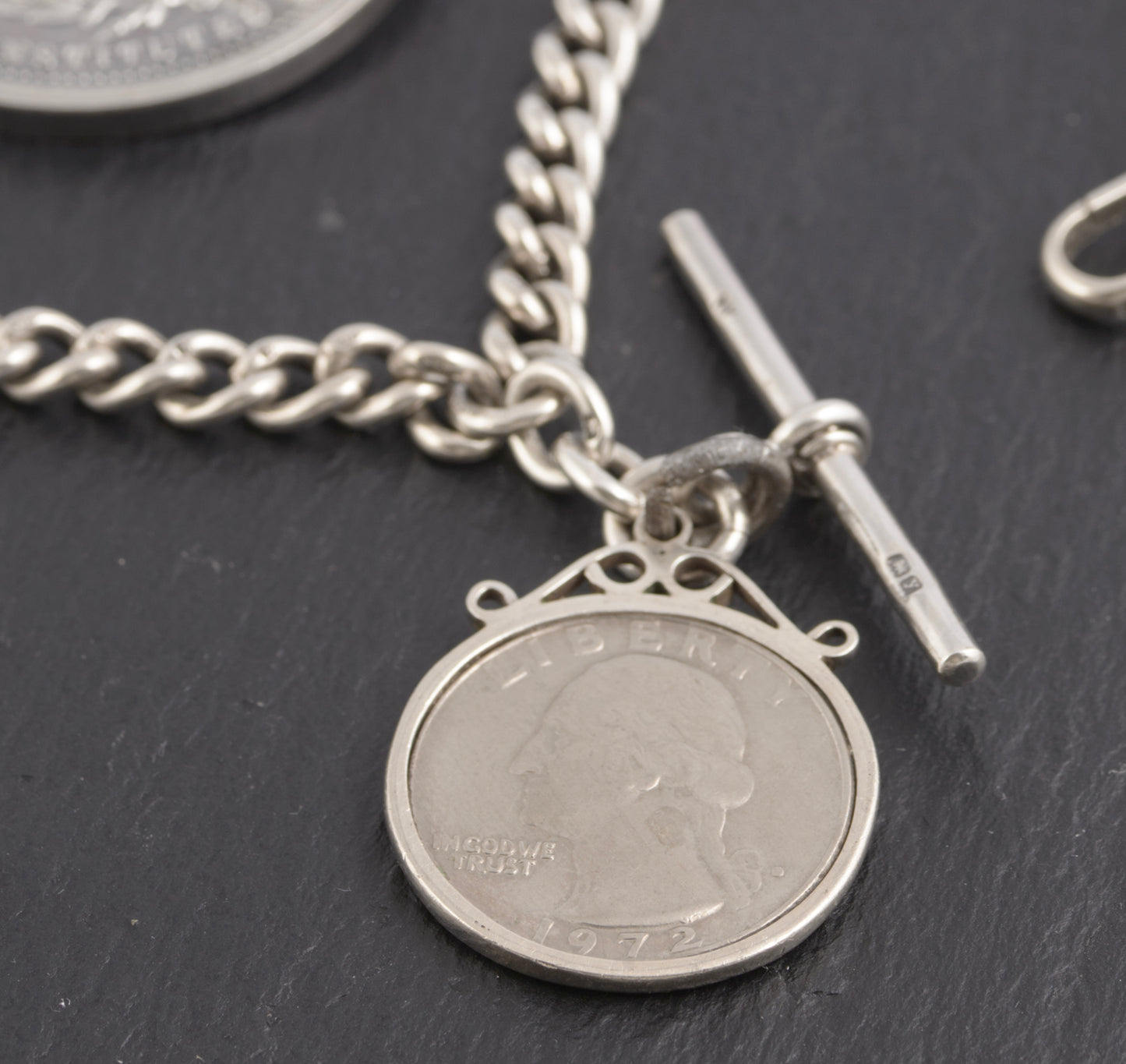 Antique Sterling Silver Albert Watch Chain 1/4 Dollar & Royal Academy Medal (C2774)