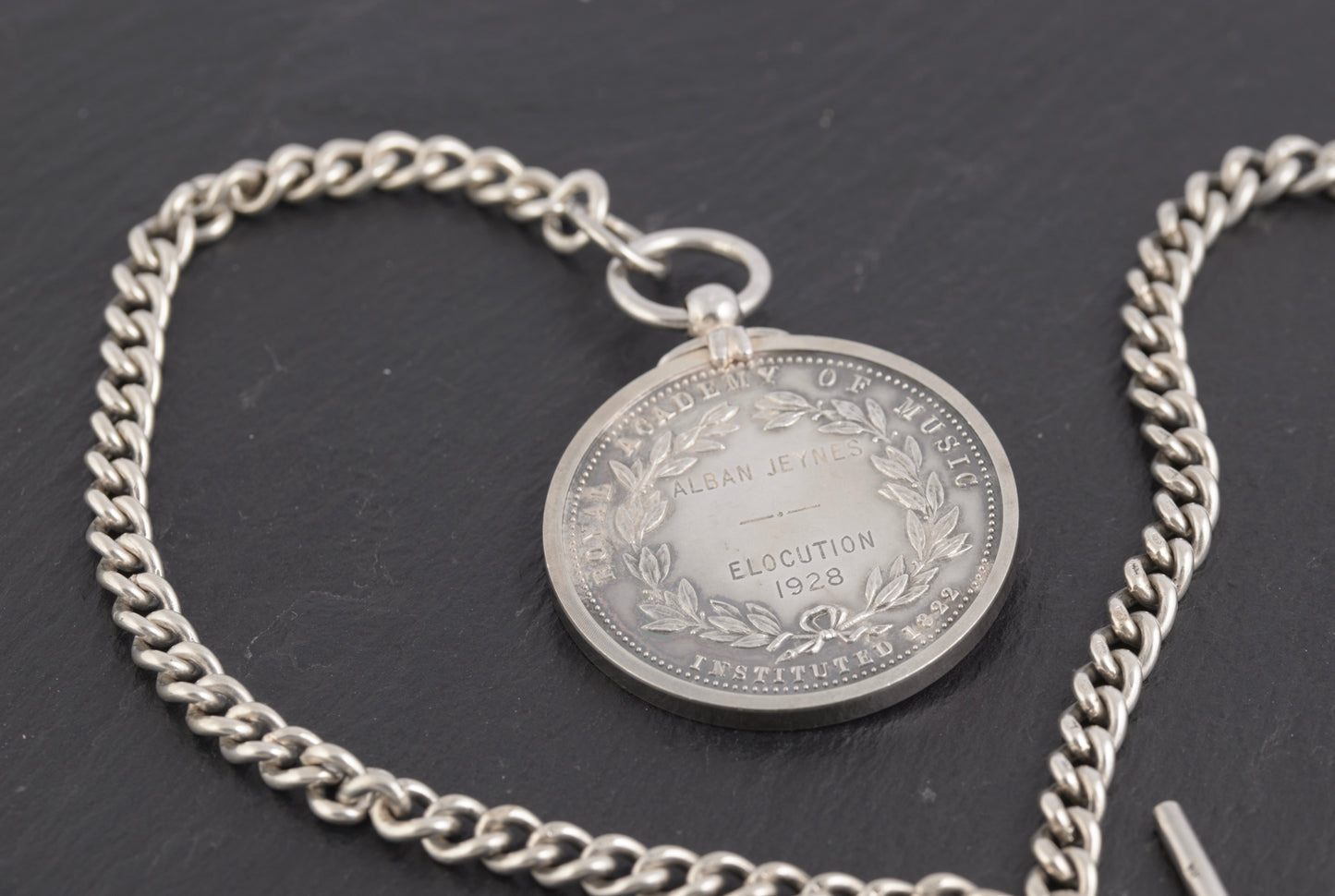 Antique Sterling Silver Albert Watch Chain 1/4 Dollar & Royal Academy Medal (C2774)