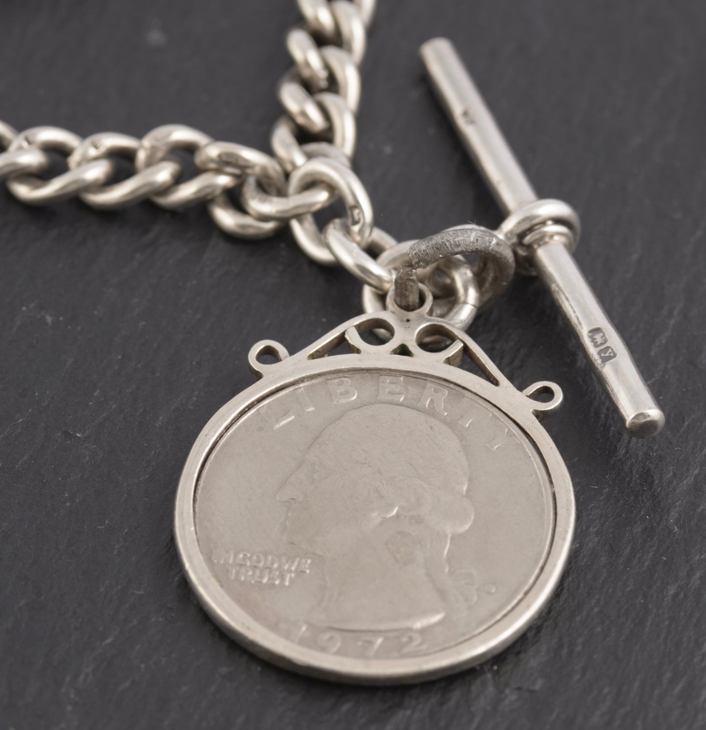 Antique Sterling Silver Albert Watch Chain 1/4 Dollar & Royal Academy Medal (C2774)