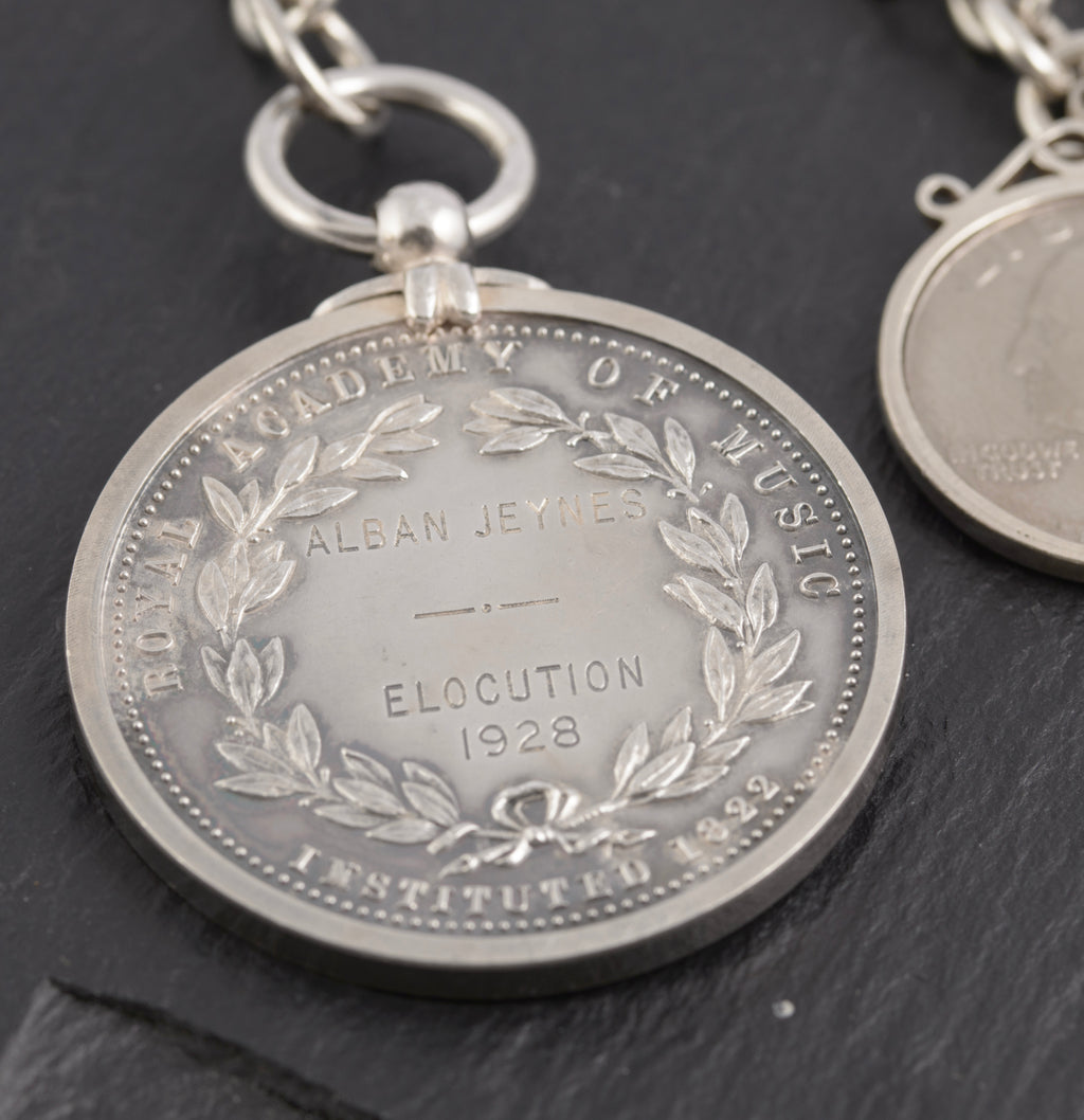 Antique Sterling Silver Albert Watch Chain 1/4 Dollar & Royal Academy Medal (C2774)