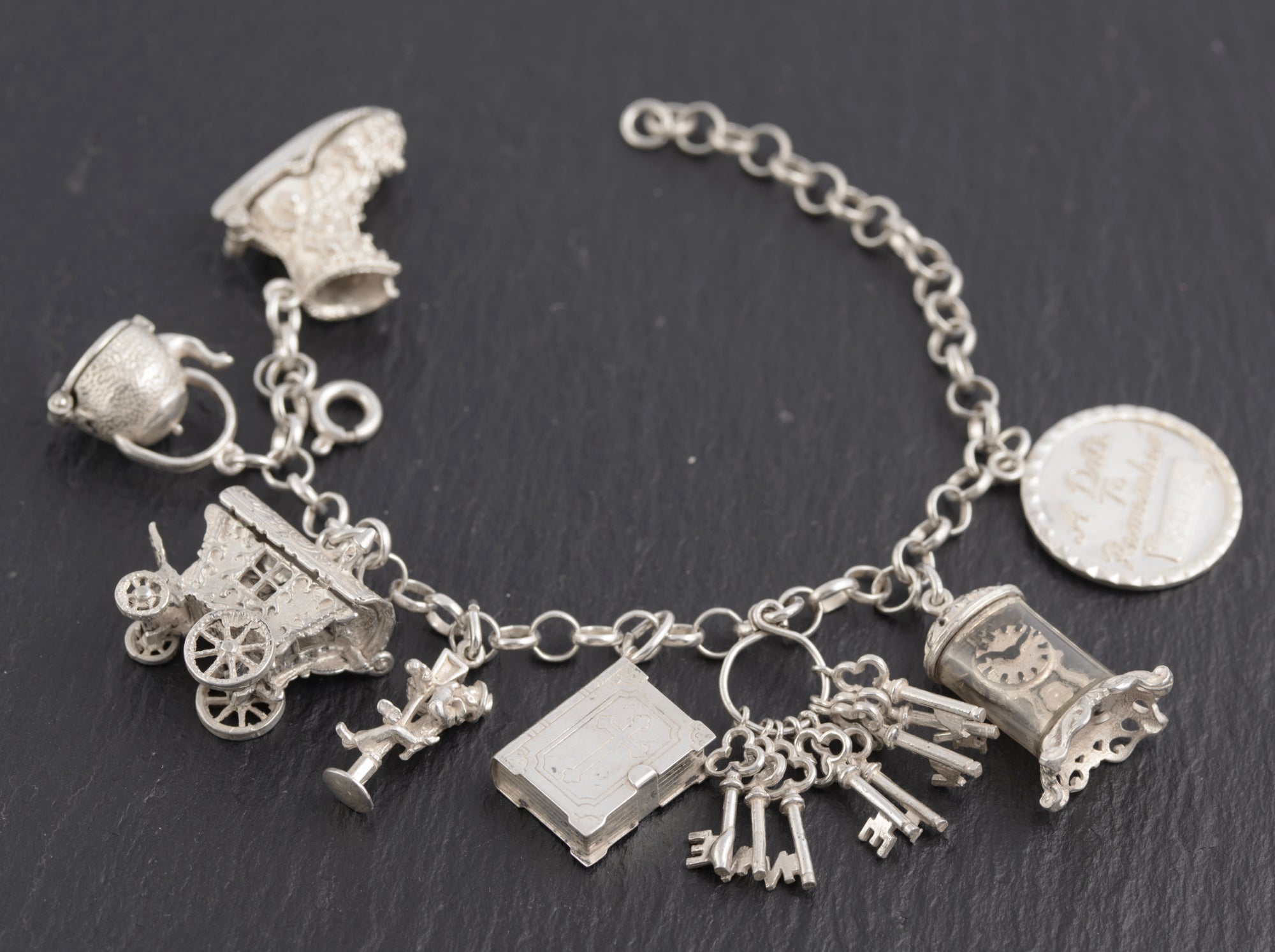 Vintage Sterling Silver Traditional Charm Bracelet 1970's - 8 Charms (C2777)