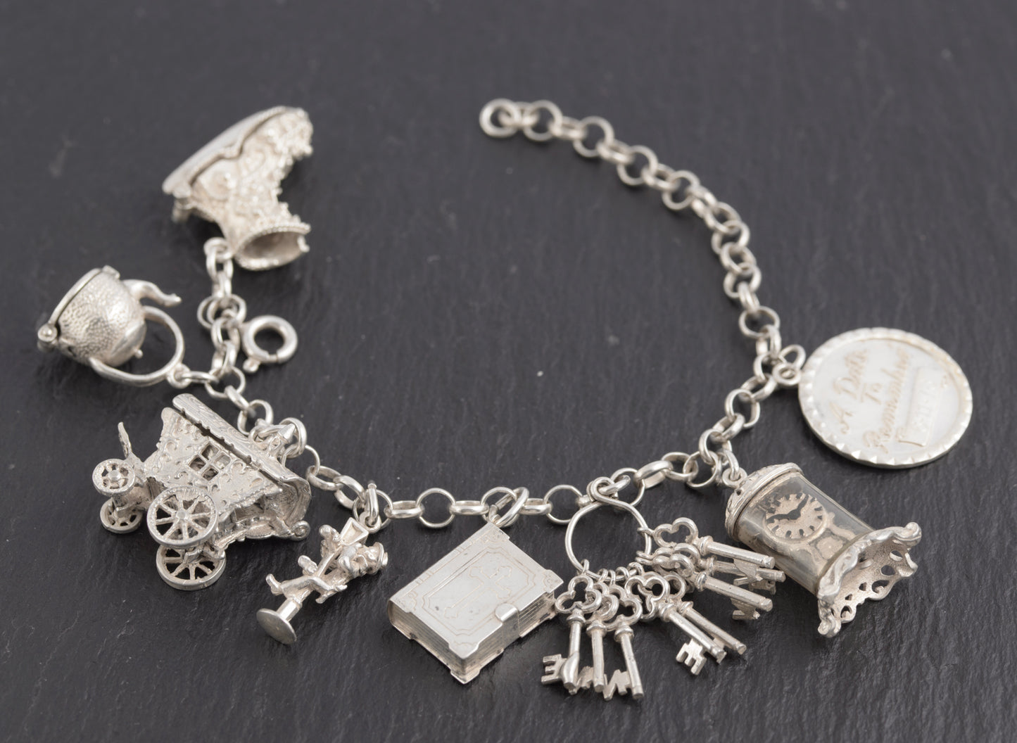 Vintage Sterling Silver Traditional Charm Bracelet 1970's - 8 Charms (C2777)