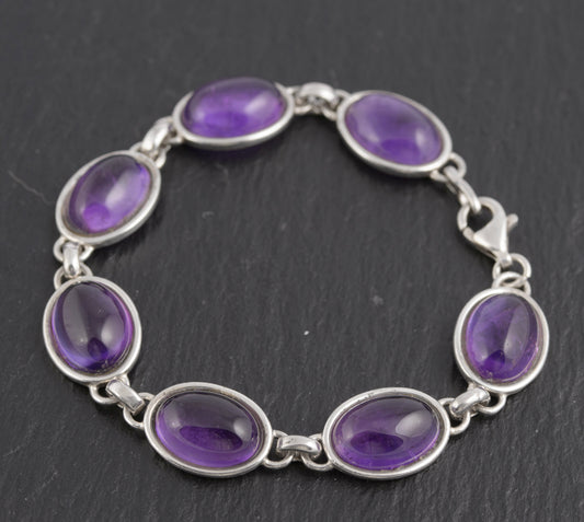 Vintage Sterling Silver & Natural Amethyst Cabochon Bracelet c.1970's (C2778)