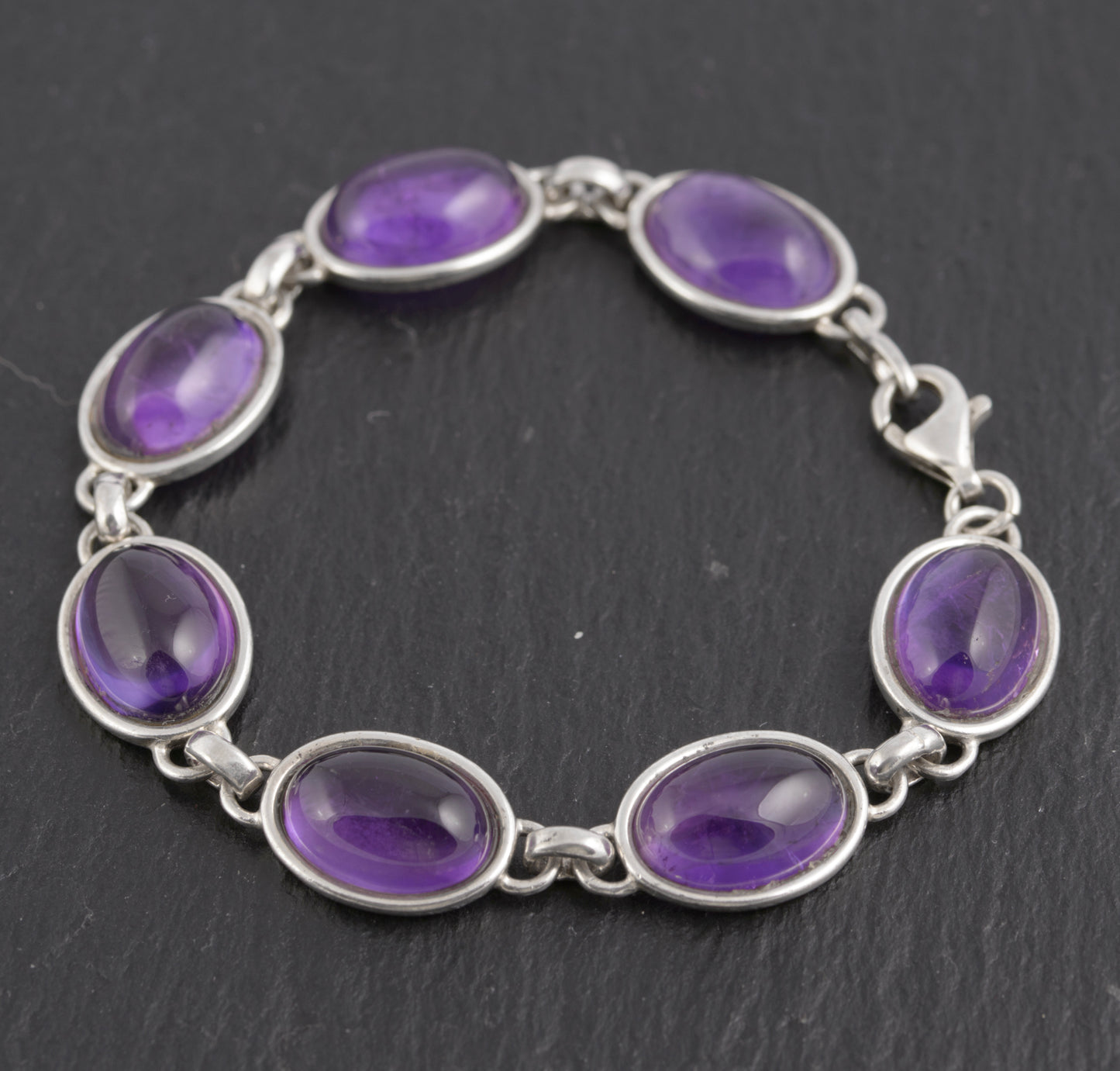 Vintage Sterling Silver & Natural Amethyst Cabochon Bracelet c.1970's (C2778)