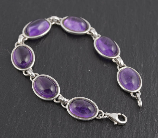 Vintage Sterling Silver & Natural Amethyst Cabochon Bracelet c.1970's (C2778)