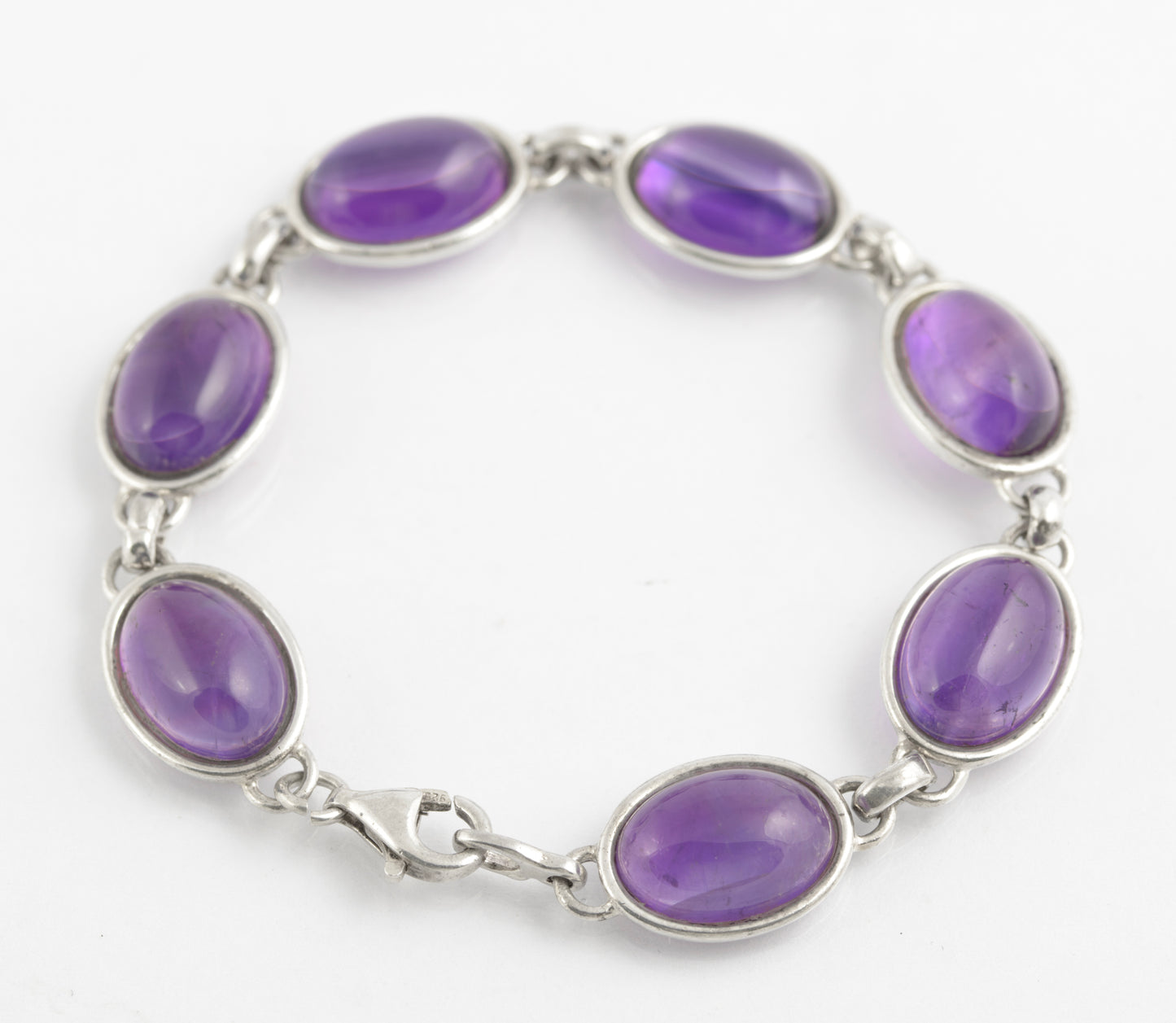 Vintage Sterling Silver & Natural Amethyst Cabochon Bracelet c.1970's (C2778)