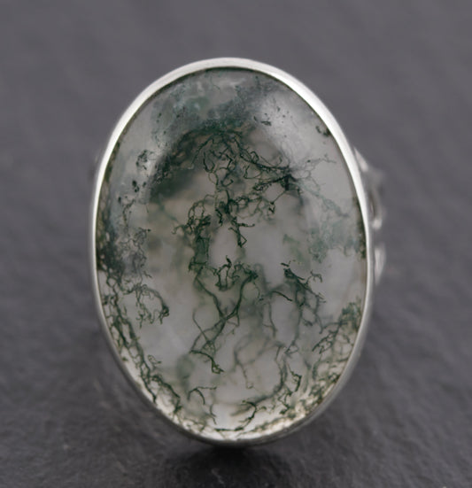Vintage Sterling Silver & 16 Carat Huge Moss Agate Cabochon Statement Ring(C2779)