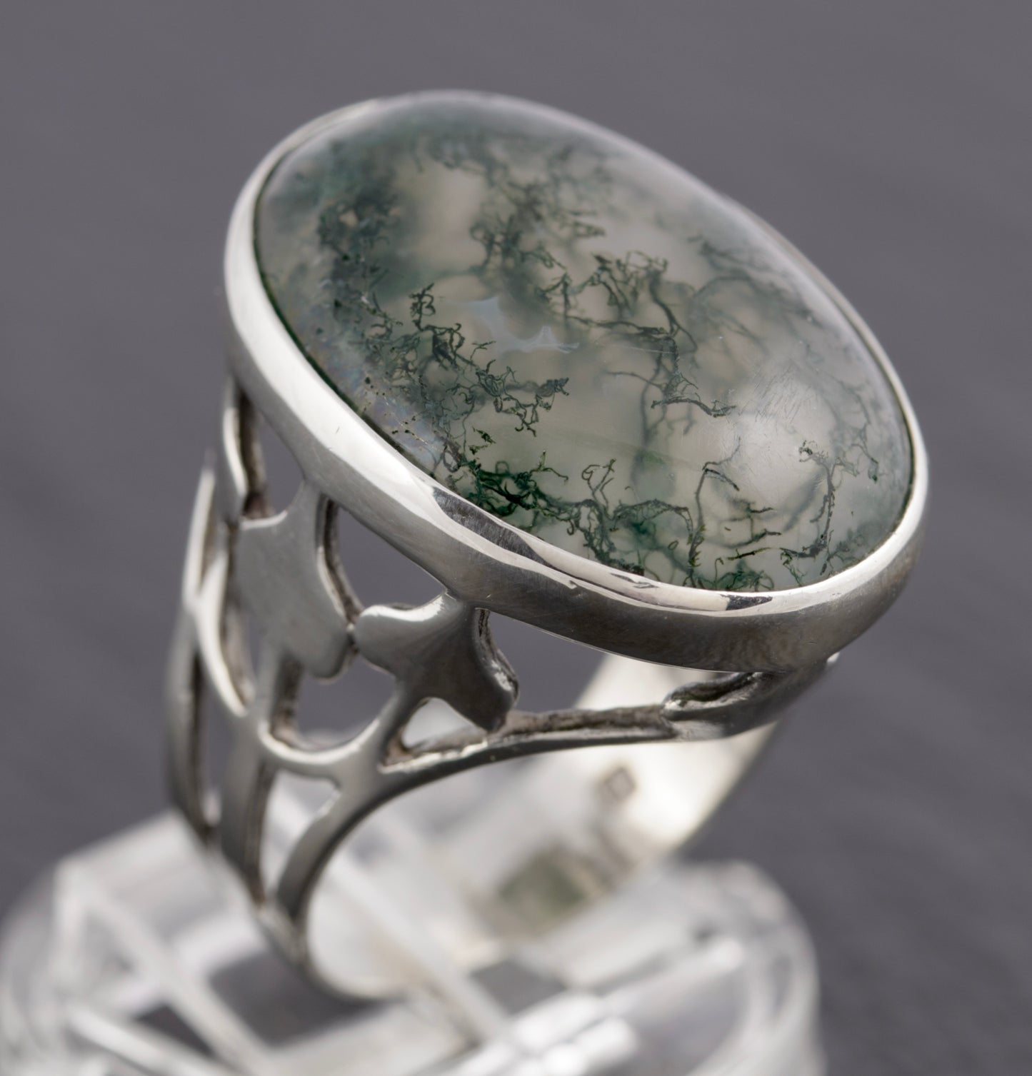 Vintage Sterling Silver & 16 Carat Huge Moss Agate Cabochon Statement Ring(C2779)