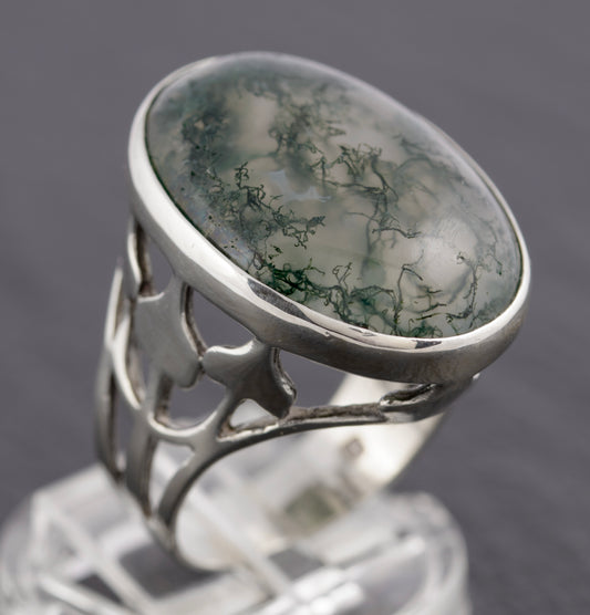 Vintage Sterling Silver & 16 Carat Huge Moss Agate Cabochon Statement Ring(C2779)