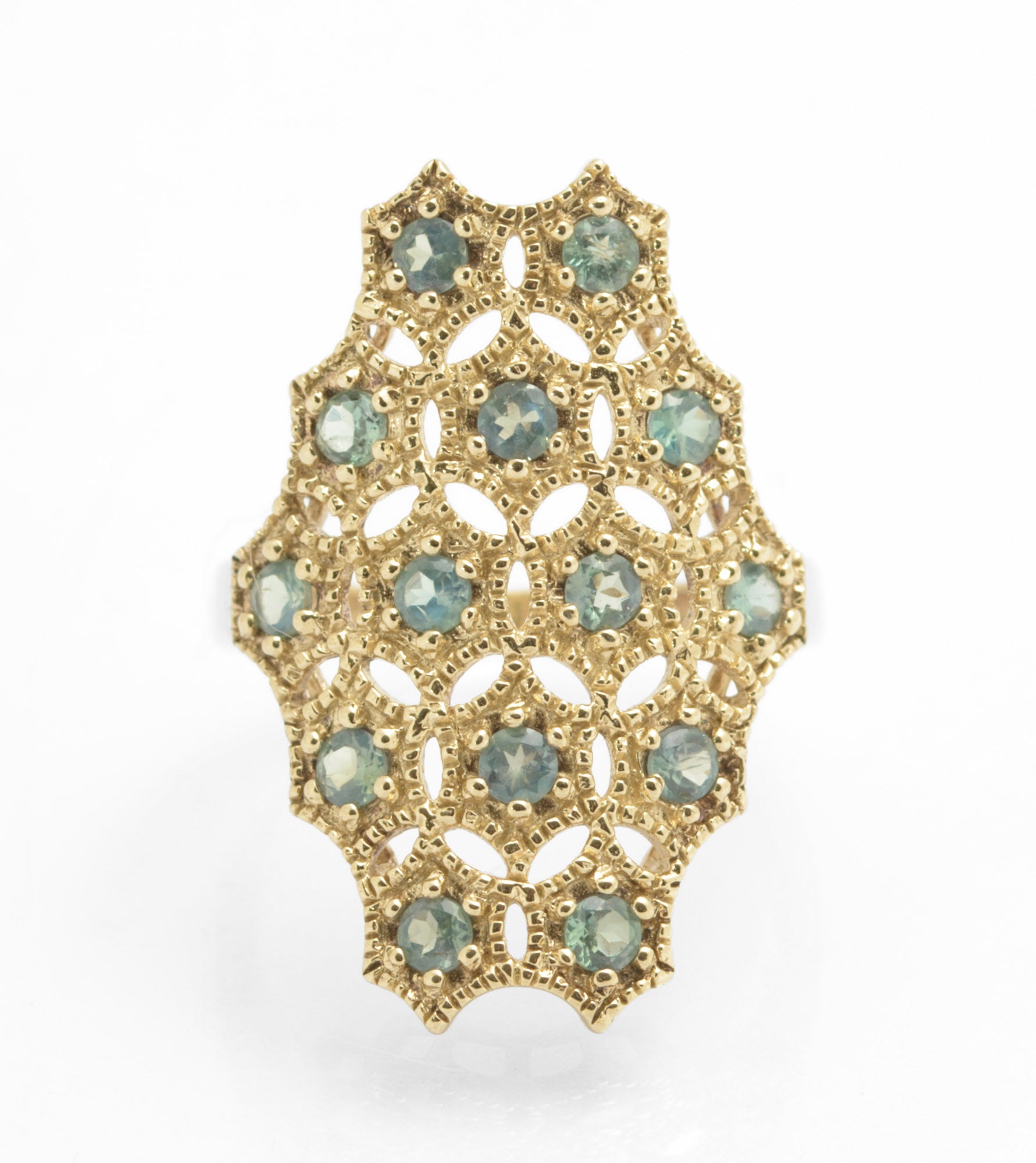 Stylish 9ct 375 Gold & Green Sapphire Set Dress Ring Shield Mesh Set Head (C2781)