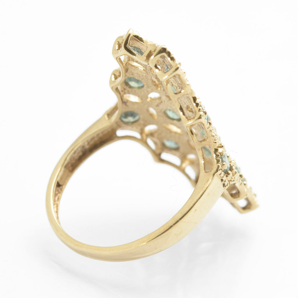 Stylish 9ct 375 Gold & Green Sapphire Set Dress Ring Shield Mesh Set Head (C2781)