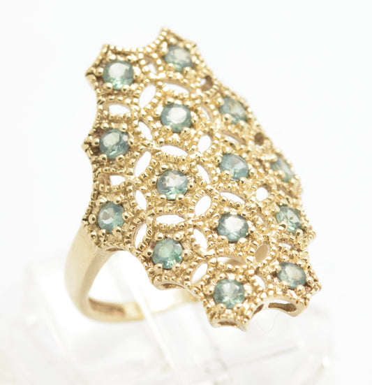 Stylish 9ct 375 Gold & Green Sapphire Set Dress Ring Shield Mesh Set Head (C2781)