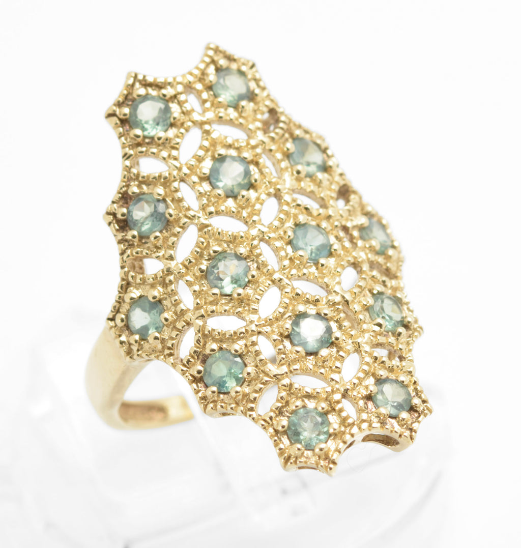 Stylish 9ct 375 Gold & Green Sapphire Set Dress Ring Shield Mesh Set Head (C2781)
