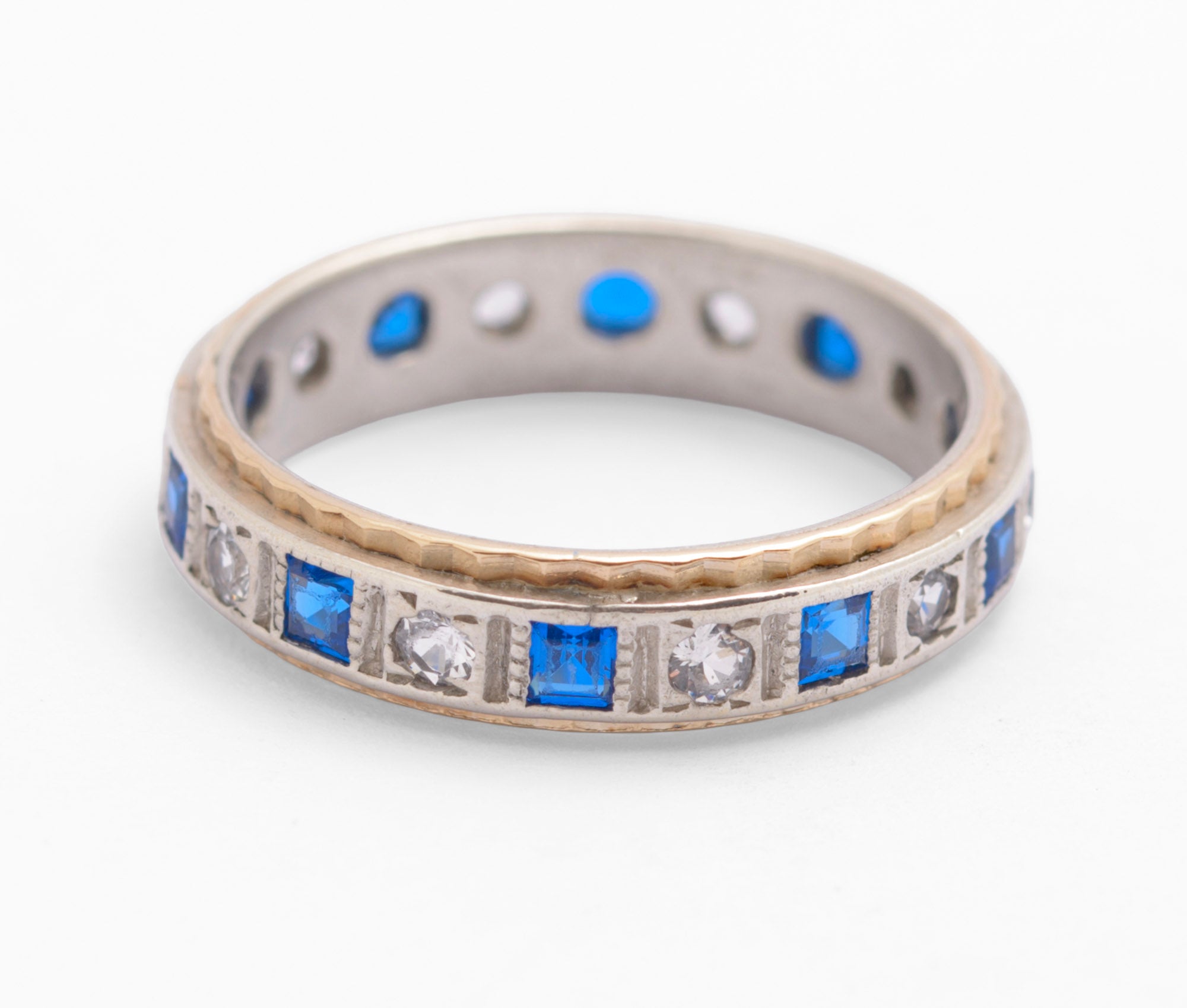 Vintage 9ct Gold & Sterling Silver Blue Spinel Full Eternity Ring UK Size L (C2783)